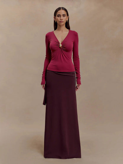 Maillard Pure Sexy Wine Red V neck T shirt Women Fall Winter Slim Inner Match Slimming Top