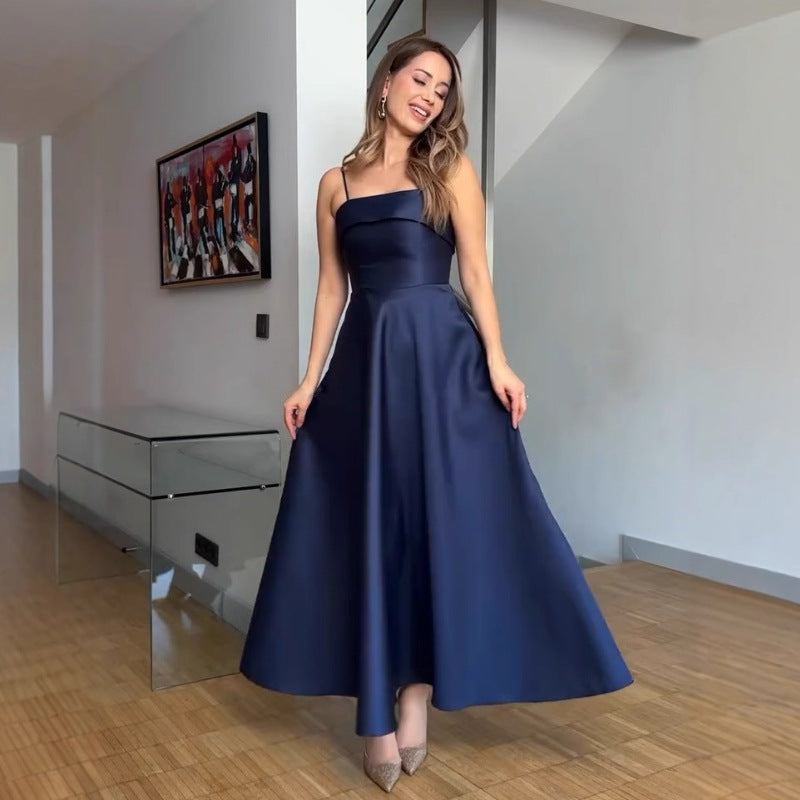 French Satin Strap Evening Dress