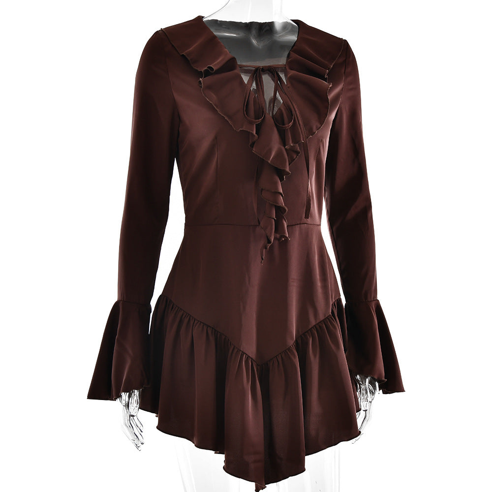 Patchwork Ruffled Slim Fit Sexy V neck Bandage Women Clothing Dress