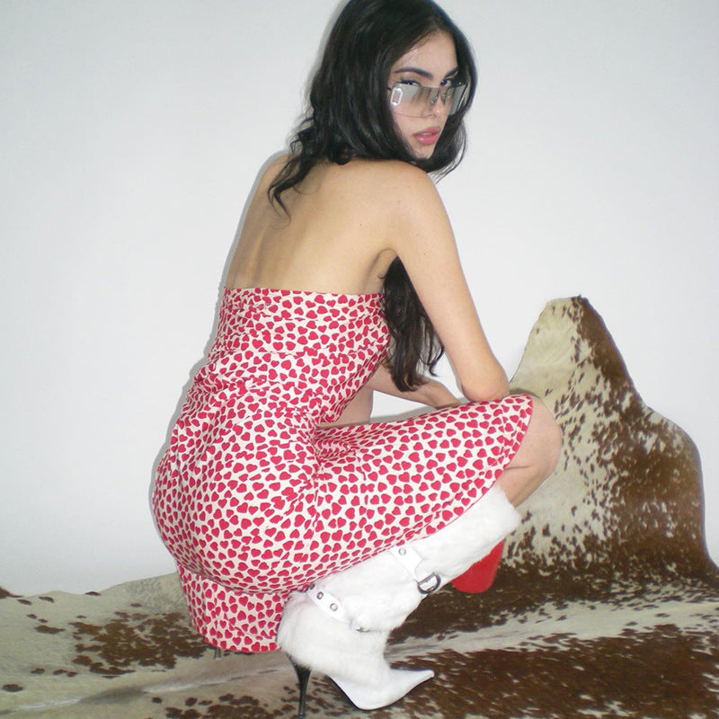 French Heart Print Strapless Dress