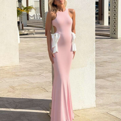 Spring Summer Women Clothing Sexy Sexy Slim Hollow Out Cutout round Neck Bowknot Backless Dress Women