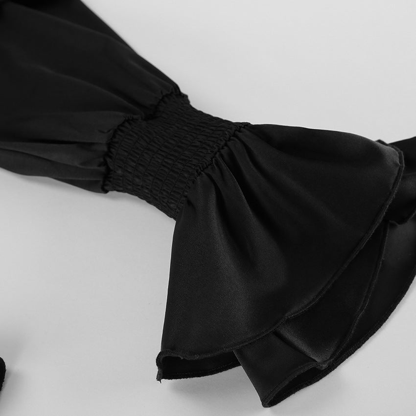 French Satin High-Neck A-Line Dress