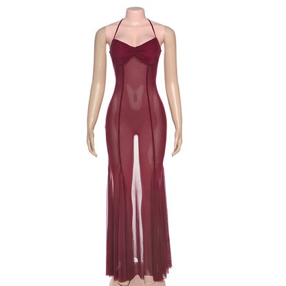 Women Clothing Spring Summer Sexy Mesh Solid Color See through Slim Halter Lace up Dress