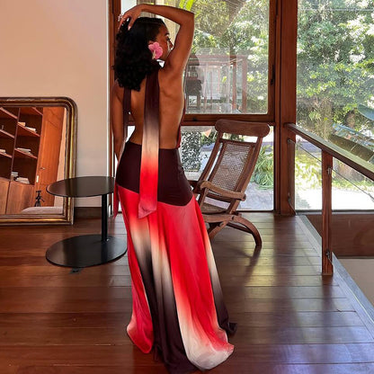 Women Clothing Spring Summer Color Contrast Printed Sexy Pile Collar Backless Dress Women
