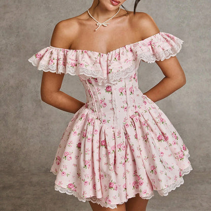 French Sexy Summer off Shoulder Lace Edge Waist Controlled Slim Fit Slimming High Grade Design Dress