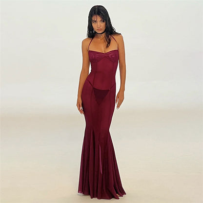 Women Clothing Spring Summer Sexy Mesh Solid Color See through Slim Halter Lace up Dress