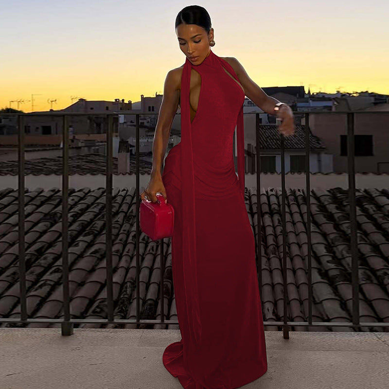 Open Back Pleated Halter Dress