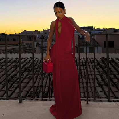 Open Back Pleated Halter Dress