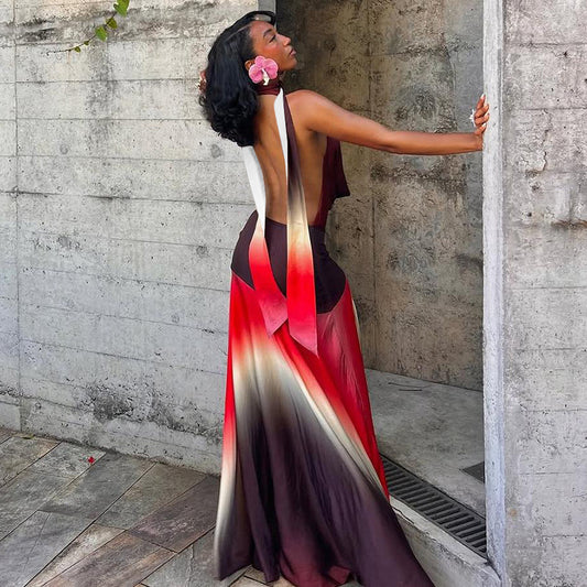 Women Clothing Spring Summer Color Contrast Printed Sexy Pile Collar Backless Dress Women