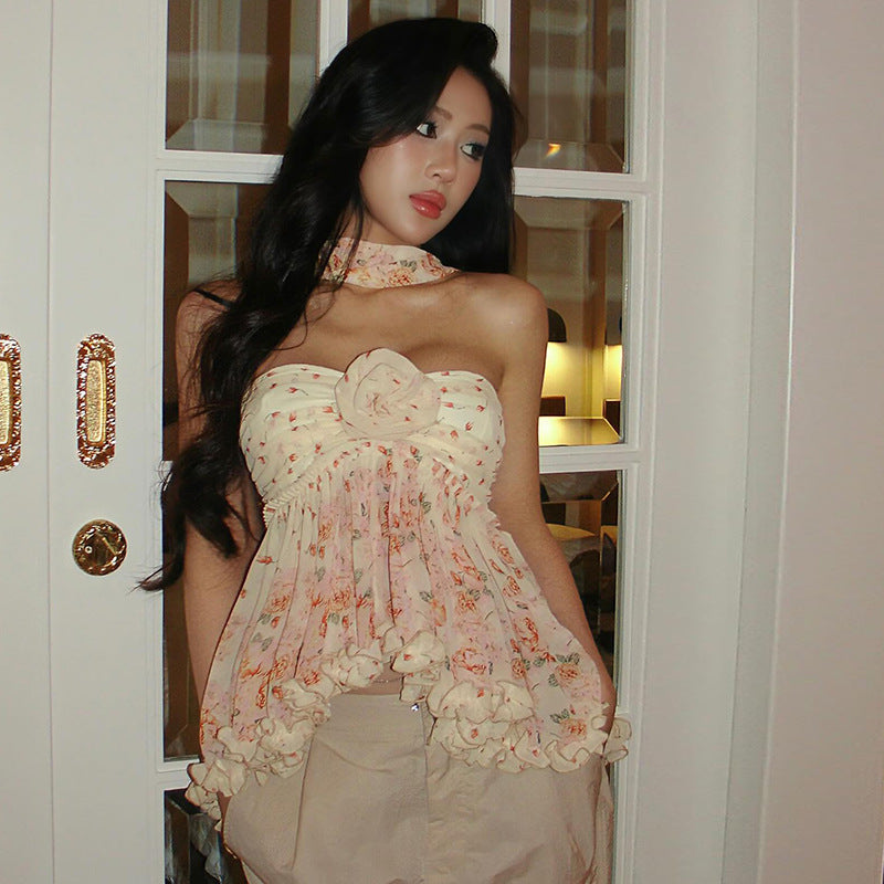 Spring Women Clothing Sexy Floral Printing Scarf Collar Irregular Asymmetric Tube Top Vest for Women