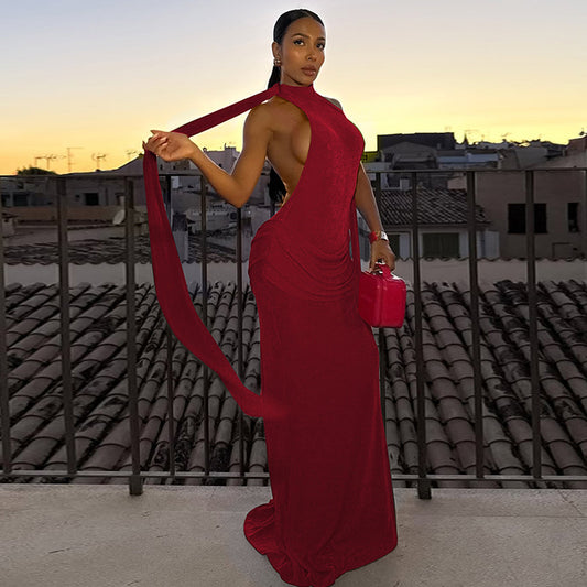 Open Back Pleated Halter Dress