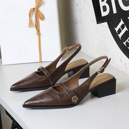 Retro Brown Camellia Pumps Word with Chunky Heel Low Heel Back Empty Back Strap Women Shoes