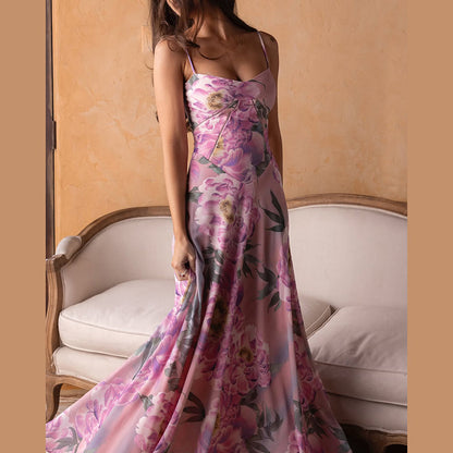 Spring Women Clothing French Sexy V neck Backless Slim Fit Floral Strap Dress