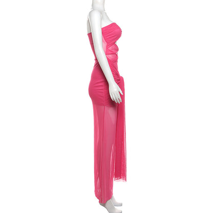 Spring Women Clothing Sexy Tube Top off Neck See through Tied Slim Fit Dress for Women