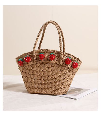 Cute Strawberry Portable Vegetable Basket Bag Hand Carrying Large Capacity Straw Bag Vacation Beach Bag Hand Woven Bag