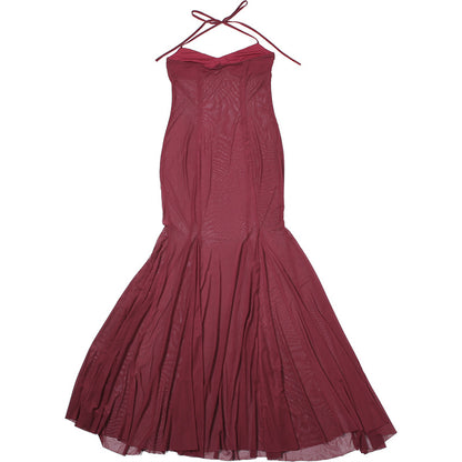 Women Clothing Spring Summer Sexy Mesh Solid Color See through Slim Halter Lace up Dress
