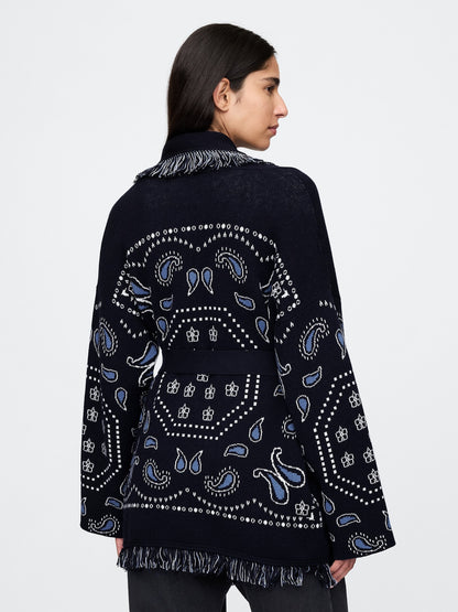 Tassel Embroidered Lace-Up Knit Shawl Cardigan