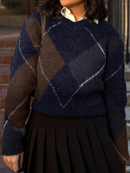 Casual Holiday Color Matching Long Sleeve Woolen Sweaters Women Clothing Autumn Winter