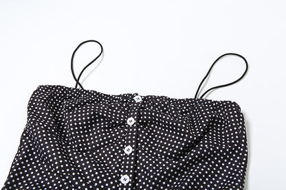 Spring Summer Women Clothing French Dot Sexy Button Slim Pleated Backless Sling Dress Women