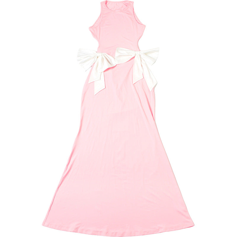 Spring Summer Women Clothing Sexy Sexy Slim Hollow Out Cutout round Neck Bowknot Backless Dress Women