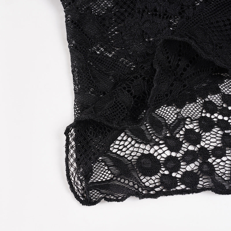 Women Design Slant Shoulder Sexy Top Sexy Cutout Lace Stitching See through Waist-Exposure T shirt