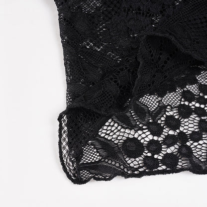 Women Design Slant Shoulder Sexy Top Sexy Cutout Lace Stitching See through Waist-Exposure T shirt