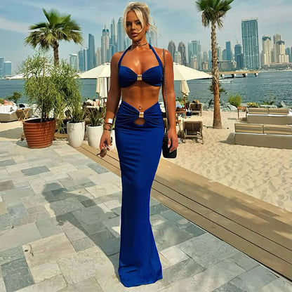 Summer Women Clothing Solid Color Sexy Halter Wrapped Chest High Waist Slim Fit Maxi Skirt Set Women