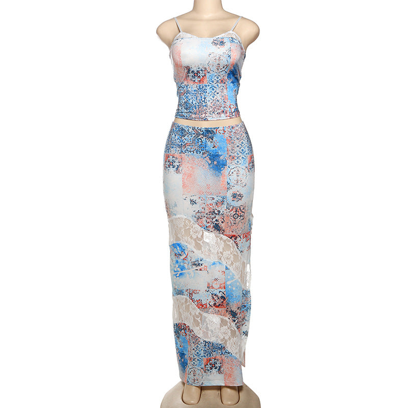 Women Clothing Spring Summer Personalized Printed Lace Splicing Sling Vest Sexy Slit Mid Length Skirt Two Piece Sets