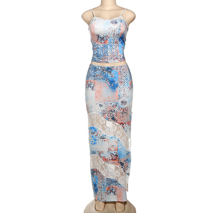 Women Clothing Spring Summer Personalized Printed Lace Splicing Sling Vest Sexy Slit Mid Length Skirt Two Piece Sets