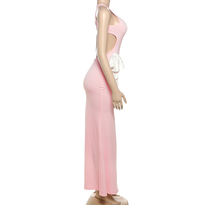 Spring Summer Women Clothing Sexy Sexy Slim Hollow Out Cutout round Neck Bowknot Backless Dress Women