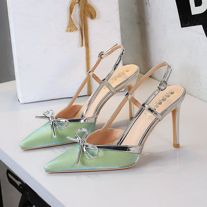 Bow Stiletto Heel High Heels Women Elegant High Grade Not Tired Feet Empty Back Strap Women Shoes