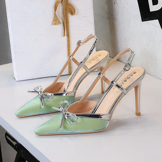 Bow Stiletto Heel High Heels Women Elegant High Grade Not Tired Feet Empty Back Strap Women Shoes