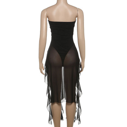 Spring Summer Women Mesh Sexy Personalized Irregular Asymmetric Slit Tassel Tube Top Jumpsuit Women
