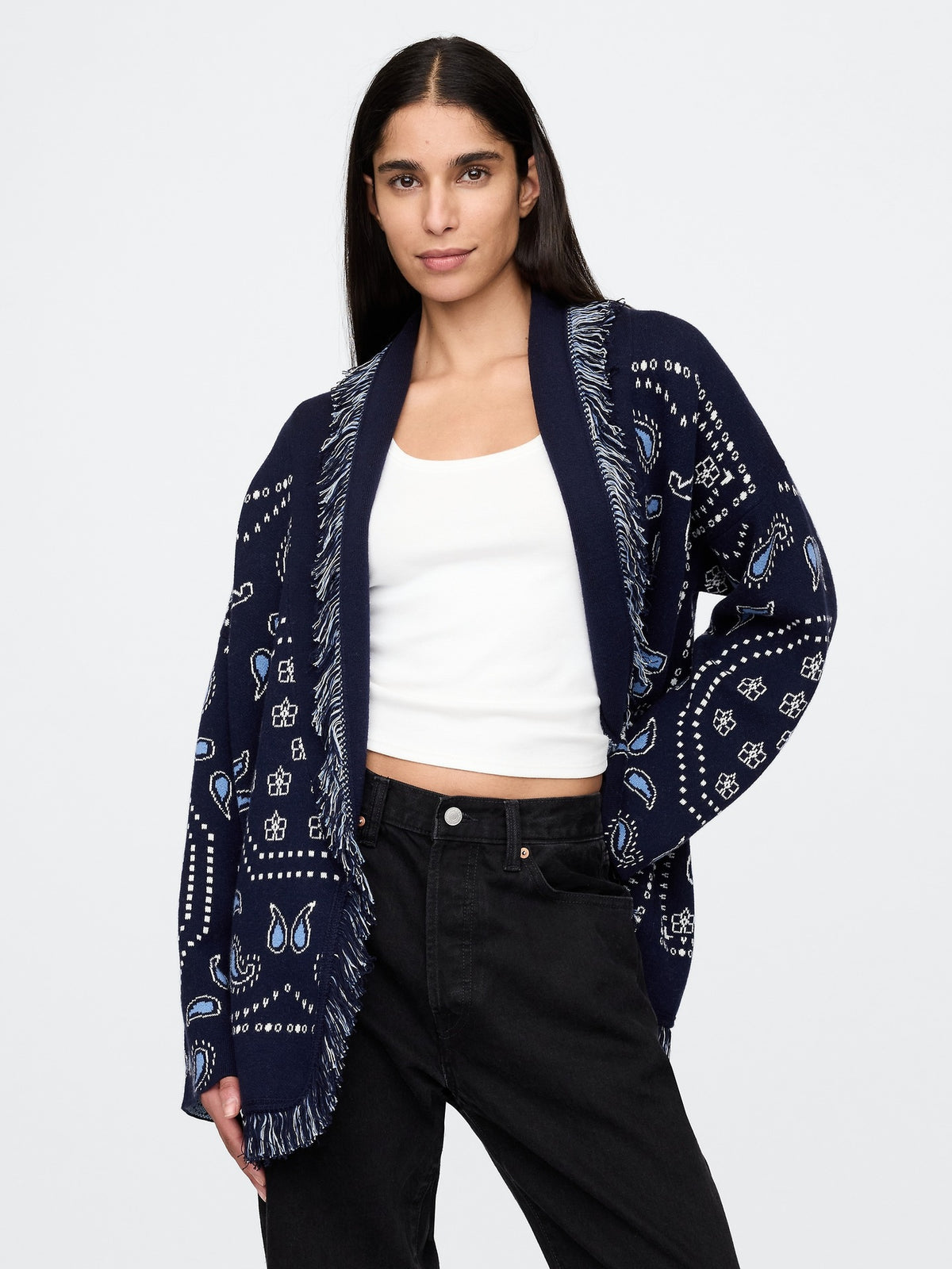 Tassel Embroidered Lace-Up Knit Shawl Cardigan