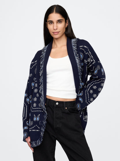 Tassel Embroidered Lace-Up Knit Shawl Cardigan