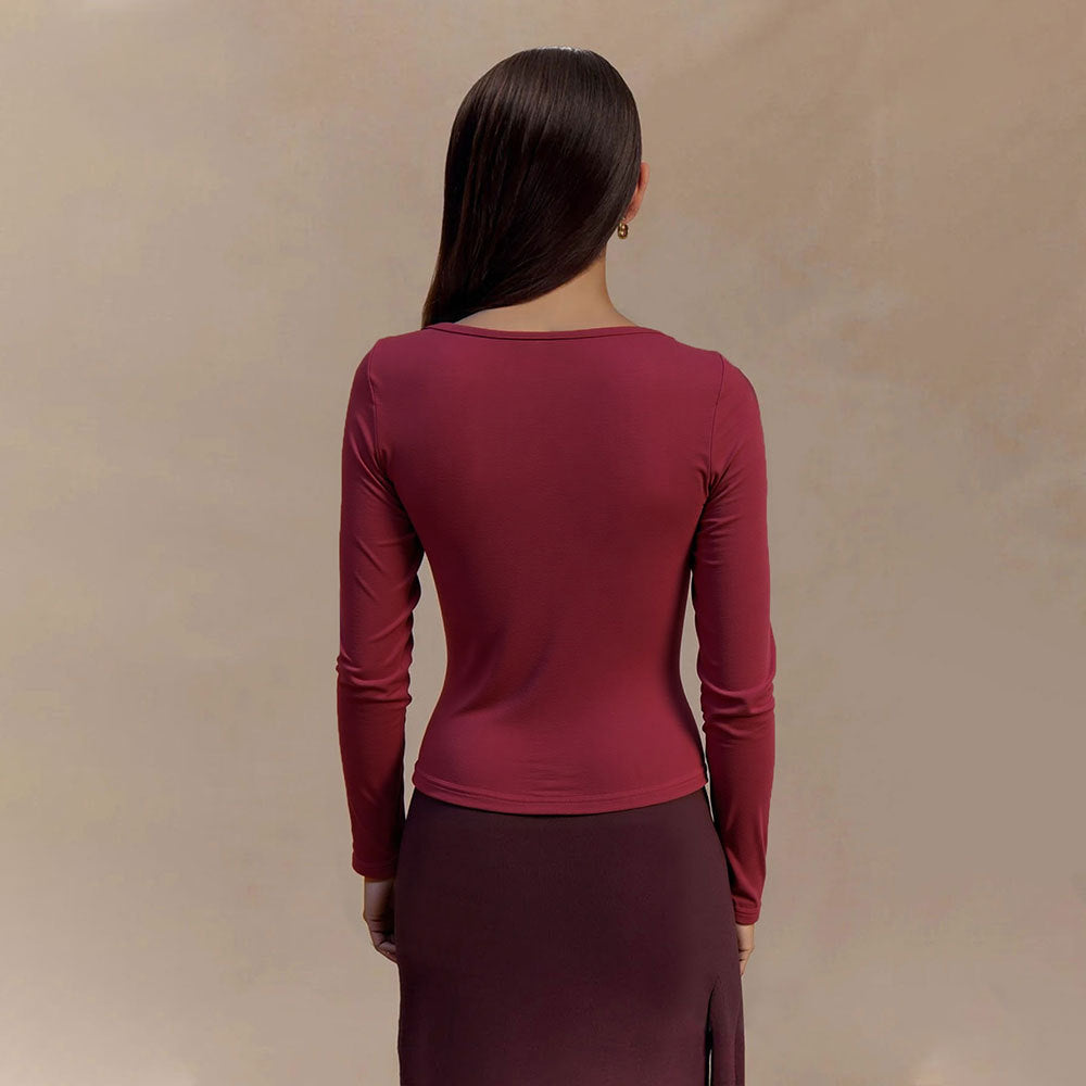 Maillard Pure Sexy Wine Red V neck T shirt Women Fall Winter Slim Inner Match Slimming Top
