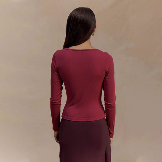 Maillard Pure Sexy Wine Red V neck T shirt Women Fall Winter Slim Inner Match Slimming Top