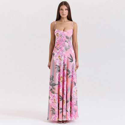 Spring Women Clothing French Sexy V neck Backless Slim Fit Floral Strap Dress