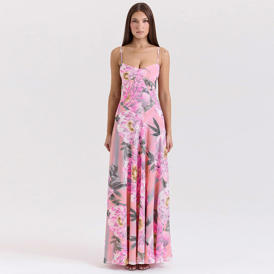 Spring Women Clothing French Sexy V neck Backless Slim Fit Floral Strap Dress