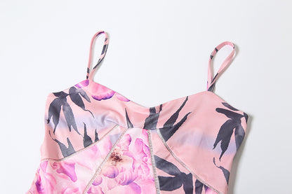 Spring Women Clothing French Sexy V neck Backless Slim Fit Floral Strap Dress