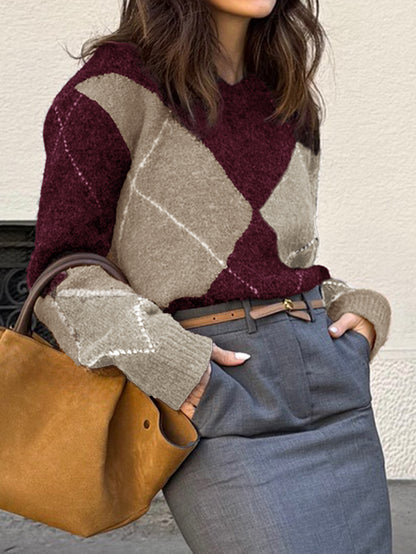 Casual Holiday Color Matching Long Sleeve Woolen Sweaters Women Clothing Autumn Winter