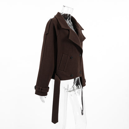 Autumn Winter Collared Elegant Double Breasted Woolen Coat Office Coat Women