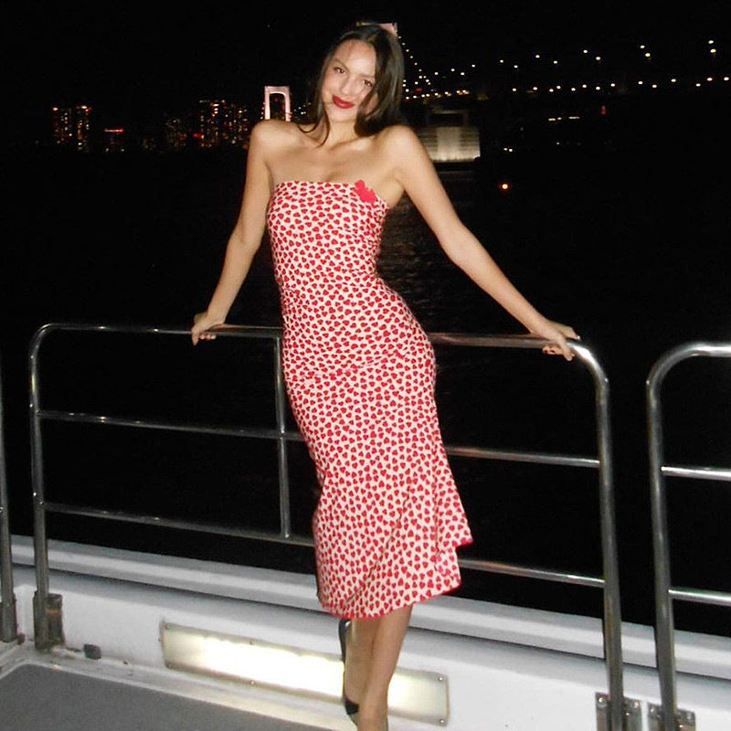 French Heart Print Strapless Dress