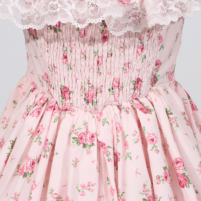 French Sexy Summer off Shoulder Lace Edge Waist Controlled Slim Fit Slimming High Grade Design Dress