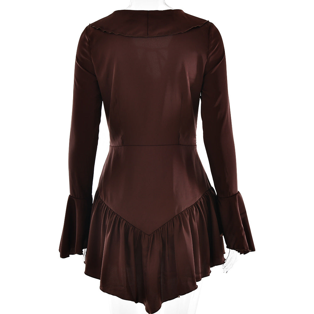 Patchwork Ruffled Slim Fit Sexy V neck Bandage Women Clothing Dress