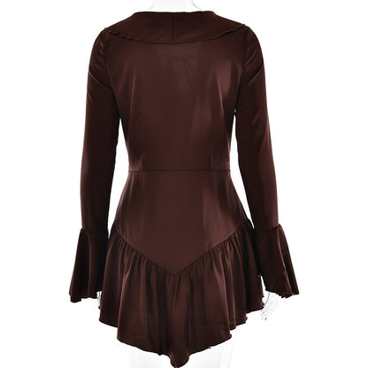Patchwork Ruffled Slim Fit Sexy V neck Bandage Women Clothing Dress