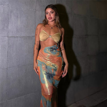 Spring Summer Women Clothing Sexy Bright Color Halter Lace up Slim Fit Hip Spaghetti Straps Dress