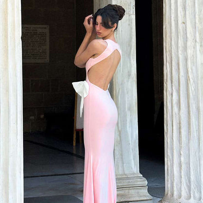 Spring Summer Women Clothing Sexy Sexy Slim Hollow Out Cutout round Neck Bowknot Backless Dress Women