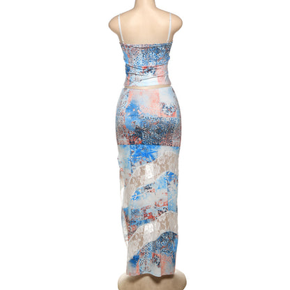 Women Clothing Spring Summer Personalized Printed Lace Splicing Sling Vest Sexy Slit Mid Length Skirt Two Piece Sets
