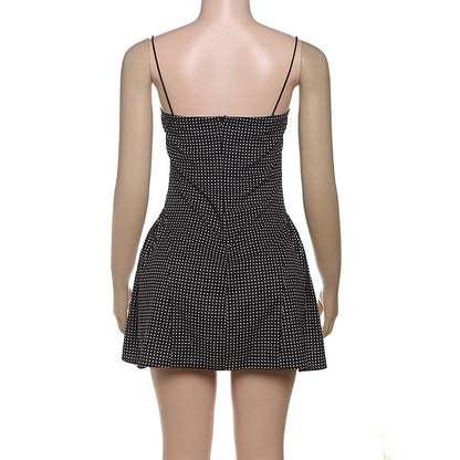 Spring Summer Women Clothing French Dot Sexy Button Slim Pleated Backless Sling Dress Women